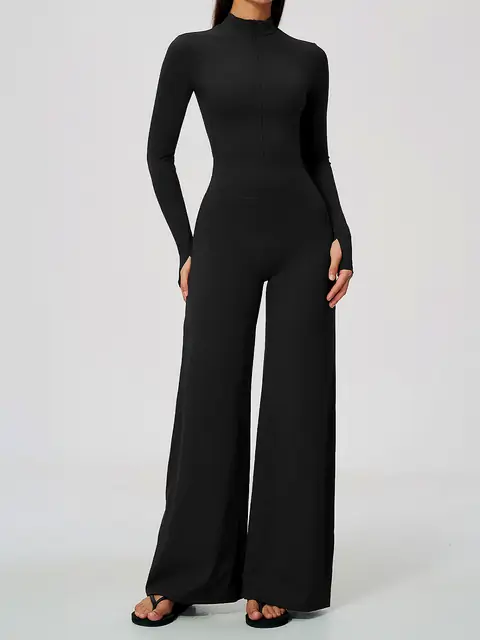Quarter-Zip Wide-Leg Yoga Unitard in Premium Black — front view