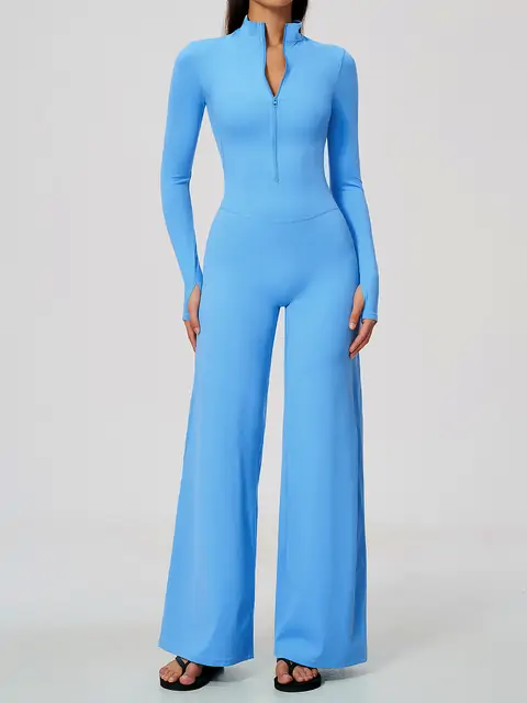 Quarter-Zip Wide-Leg Yoga Unitard in Sky Blue — front view