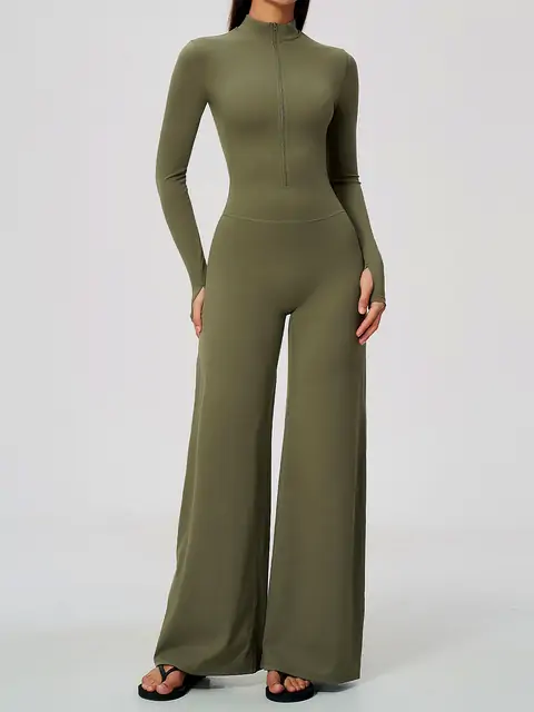 Quarter-Zip Wide-Leg Yoga Unitard in Tea Brown — front view