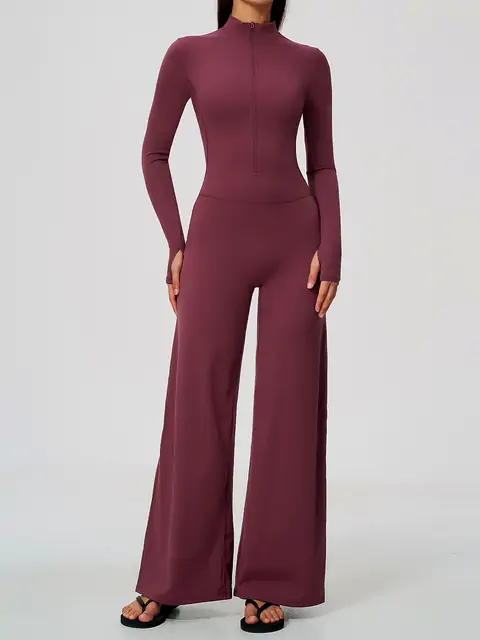 Quarter-Zip Wide-Leg Yoga Unitard in Wine Red — front view