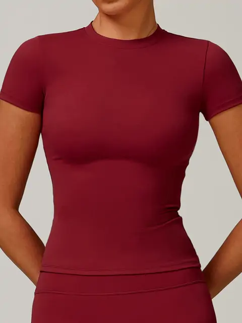 Quick-Dry Short-Sleeve Yoga Cover Tee front view in cherry red