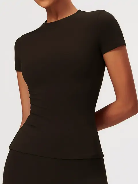 Quick-Dry Short-Sleeve Yoga Cover Tee front view in dark chocolate