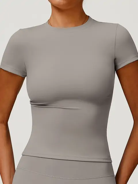 Quick-Dry Short-Sleeve Yoga Cover Tee front view in heather grey