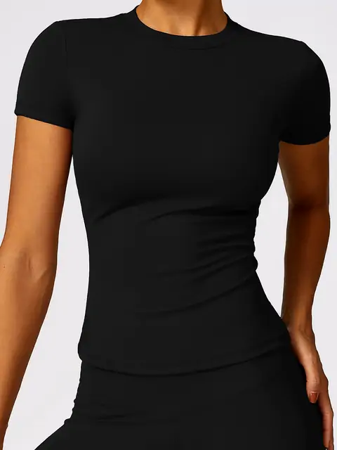 Quick-Dry Short-Sleeve Yoga Cover Tee front view in premium black