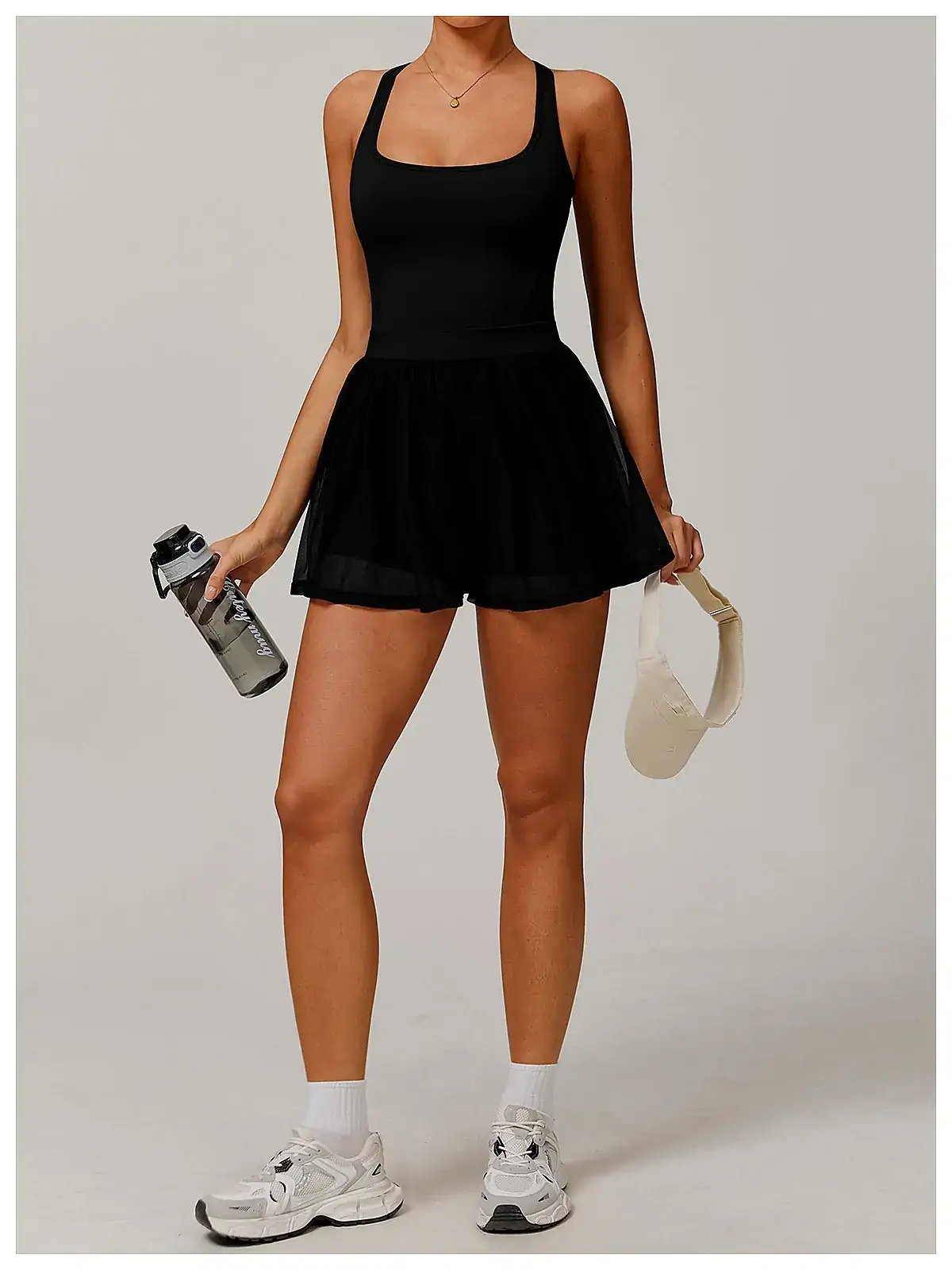 Recycled mesh tennis dress back seam construction