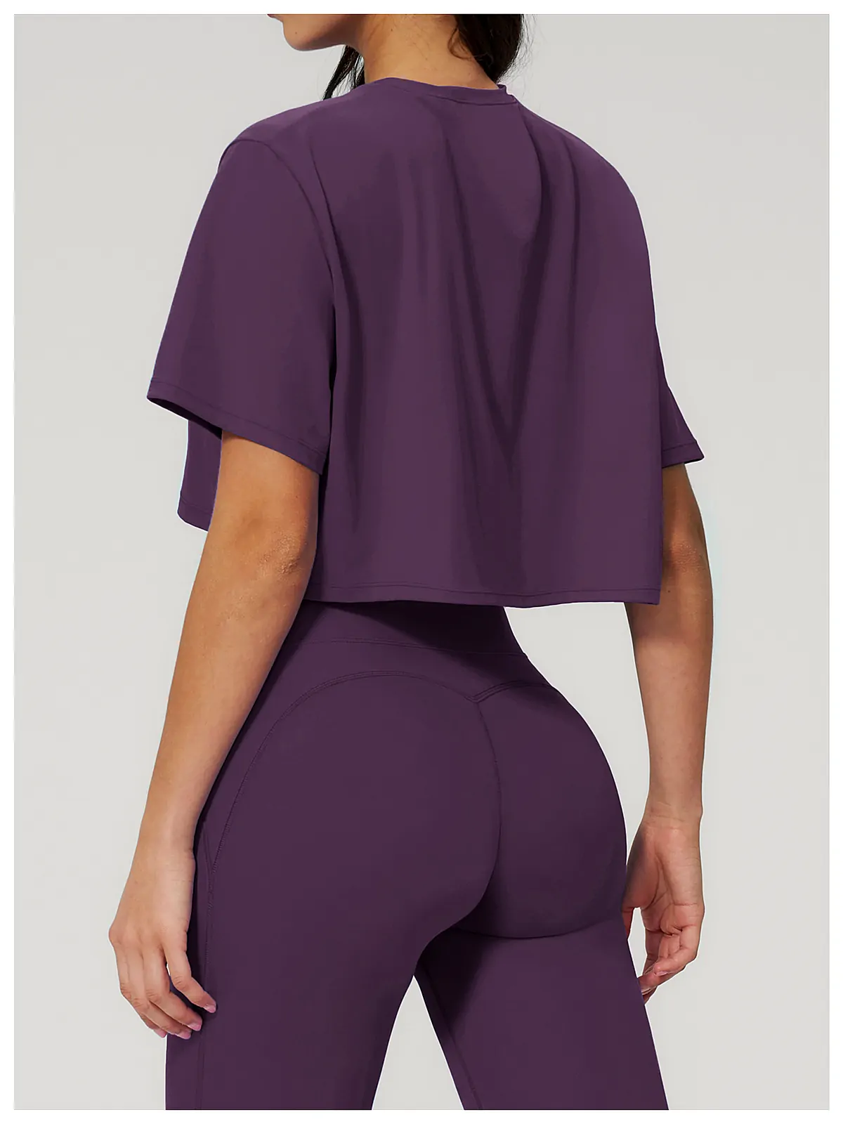 Relaxed Crop Crew Yoga Tee — flatlock seam detail