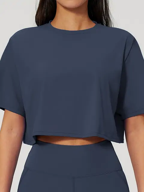 Relaxed Crop Crew Yoga Tee front view in navy