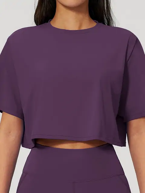 Relaxed Crop Crew Yoga Tee front view in plum