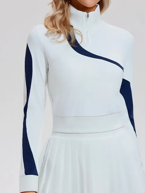Relaxed zip Long-Sleeve yoga top in dusk mist blue front view
