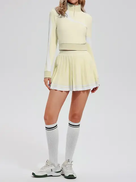 Relaxed zip Long-Sleeve yoga top in oat apricot front view
