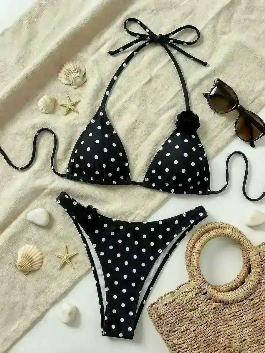Rose accent polka bikini set back seam construction