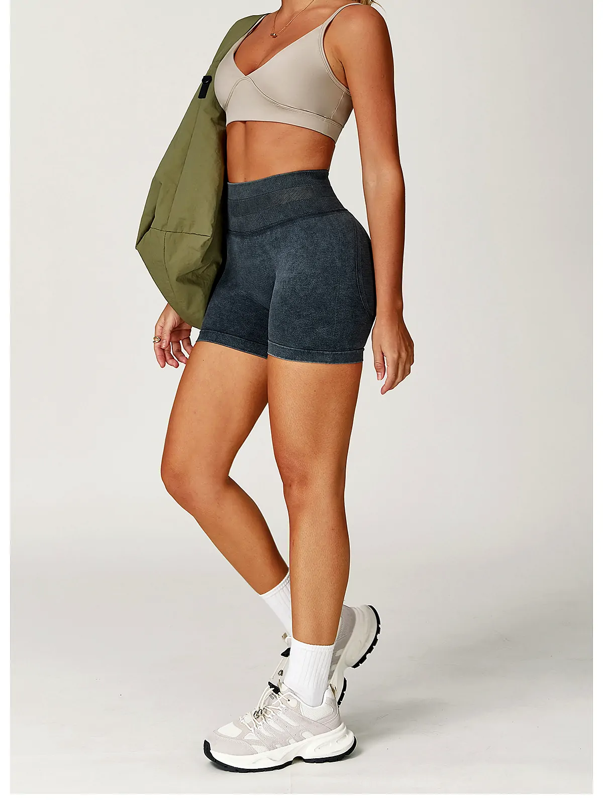 Sandwash Seamless High-Waist Yoga Shorts — flatlock seam detail