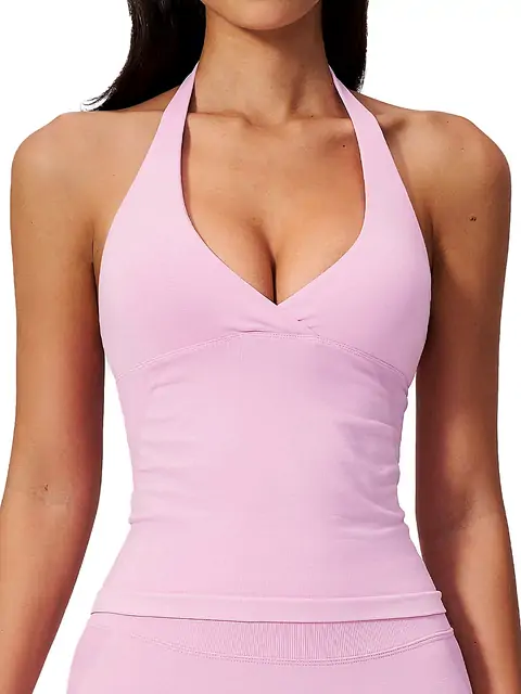 Seamless Halter Support Yoga Tank front view in mousse pink