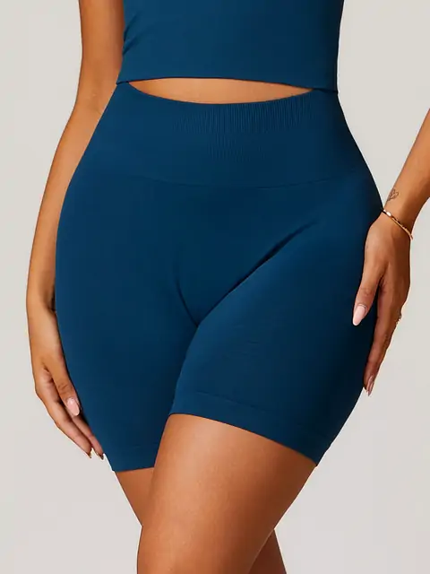 Seamless High-Waist Peach Yoga Shorts front view in navy