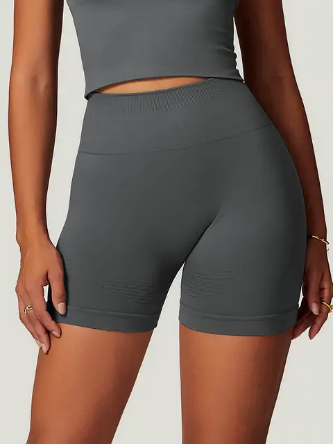 Seamless High-Waist Peach Yoga Shorts front view in rhino grey