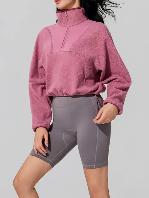 Sherpa Half-Zip Stand-Collar pullover in rose pink front view