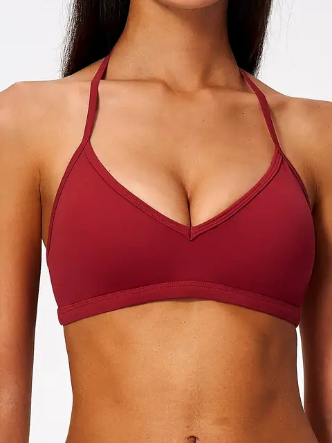 Skinny-Strap halter yoga sports bra in burgundy front view