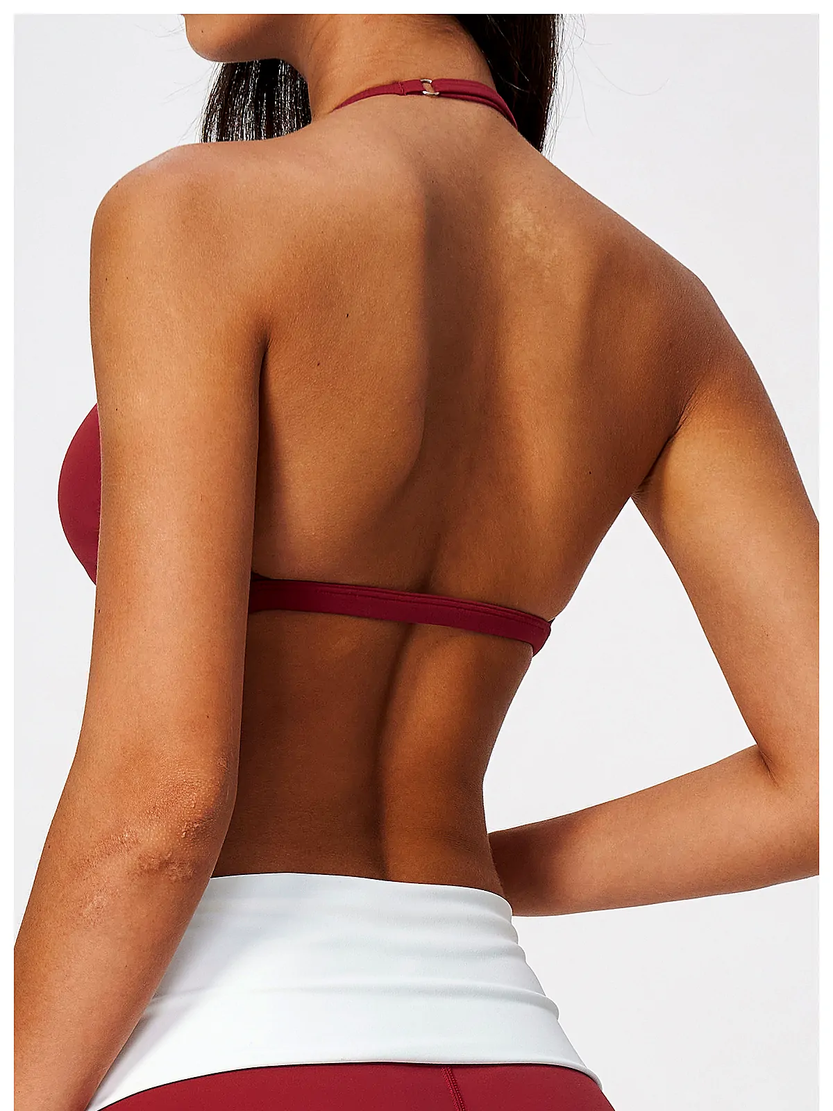 Waistband detail on Skinny-Strap halter yoga sports bra