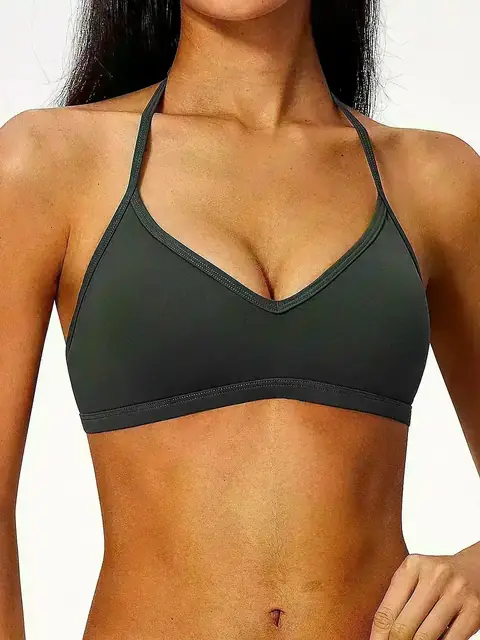 Skinny-Strap halter yoga sports bra in rosewood front view