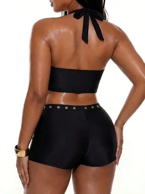 Plus-Size hollow crop top & shorts set in chocolate front view