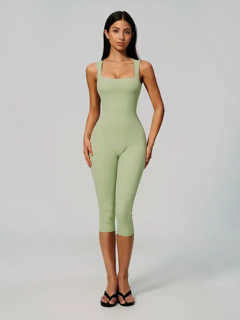 Square-Neck Naked-Feel Capri Bodysuit front view in oat apricot