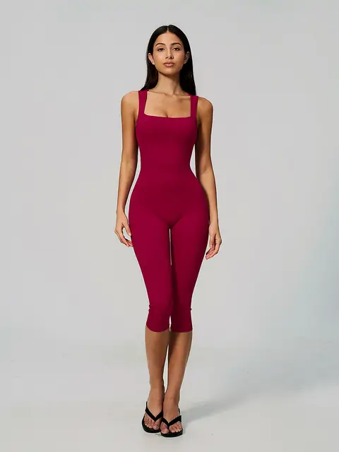 Square-Neck Naked-Feel Capri Bodysuit front view in wine red