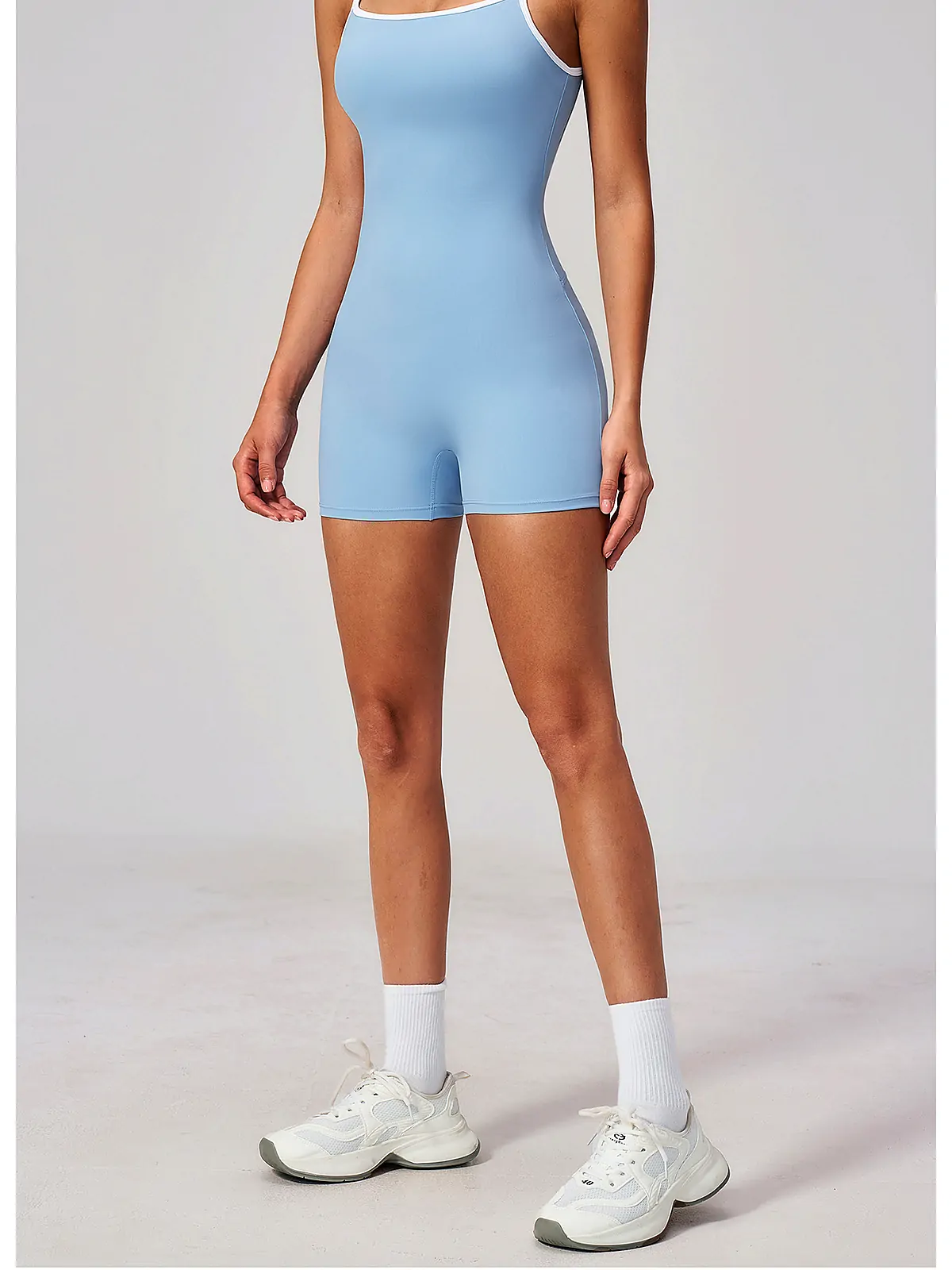 Square-Neck Open-Back Strap Bodysuit — flatlock seam detail