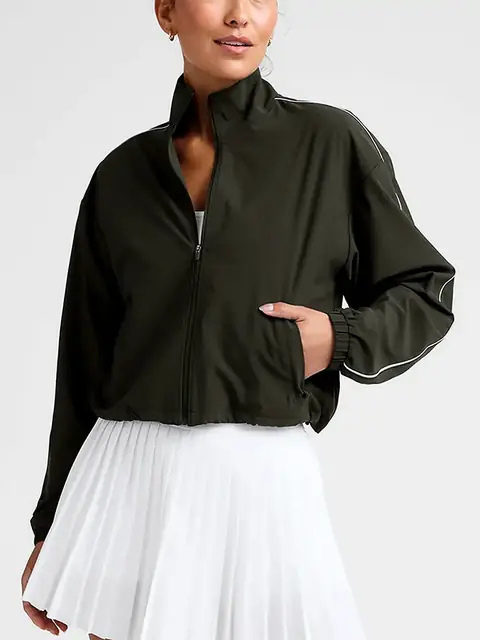 Stand-Collar zip run jacket in premium black front view