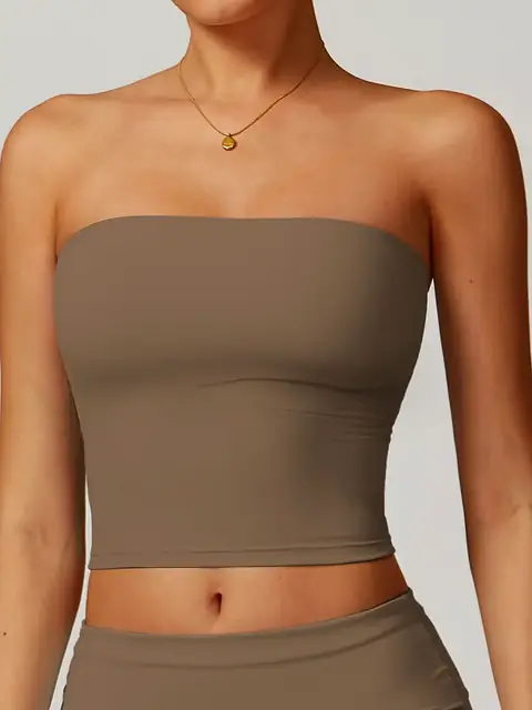 Strapless bandeau sports bra in auburn front view