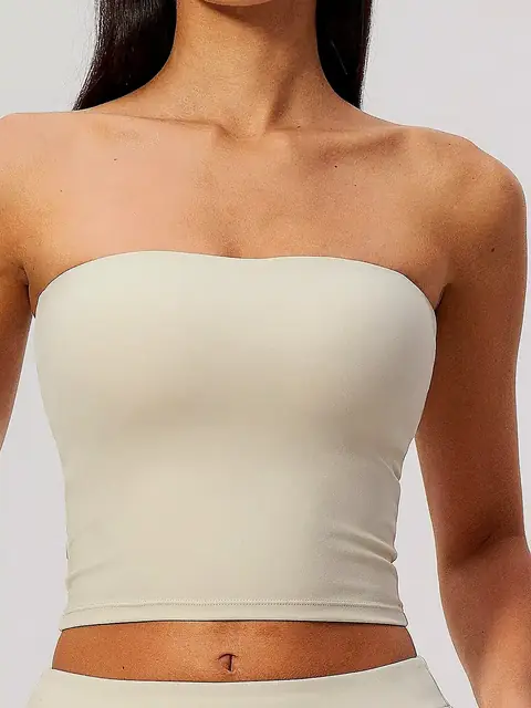 Strapless bandeau sports bra in cream apricot front view