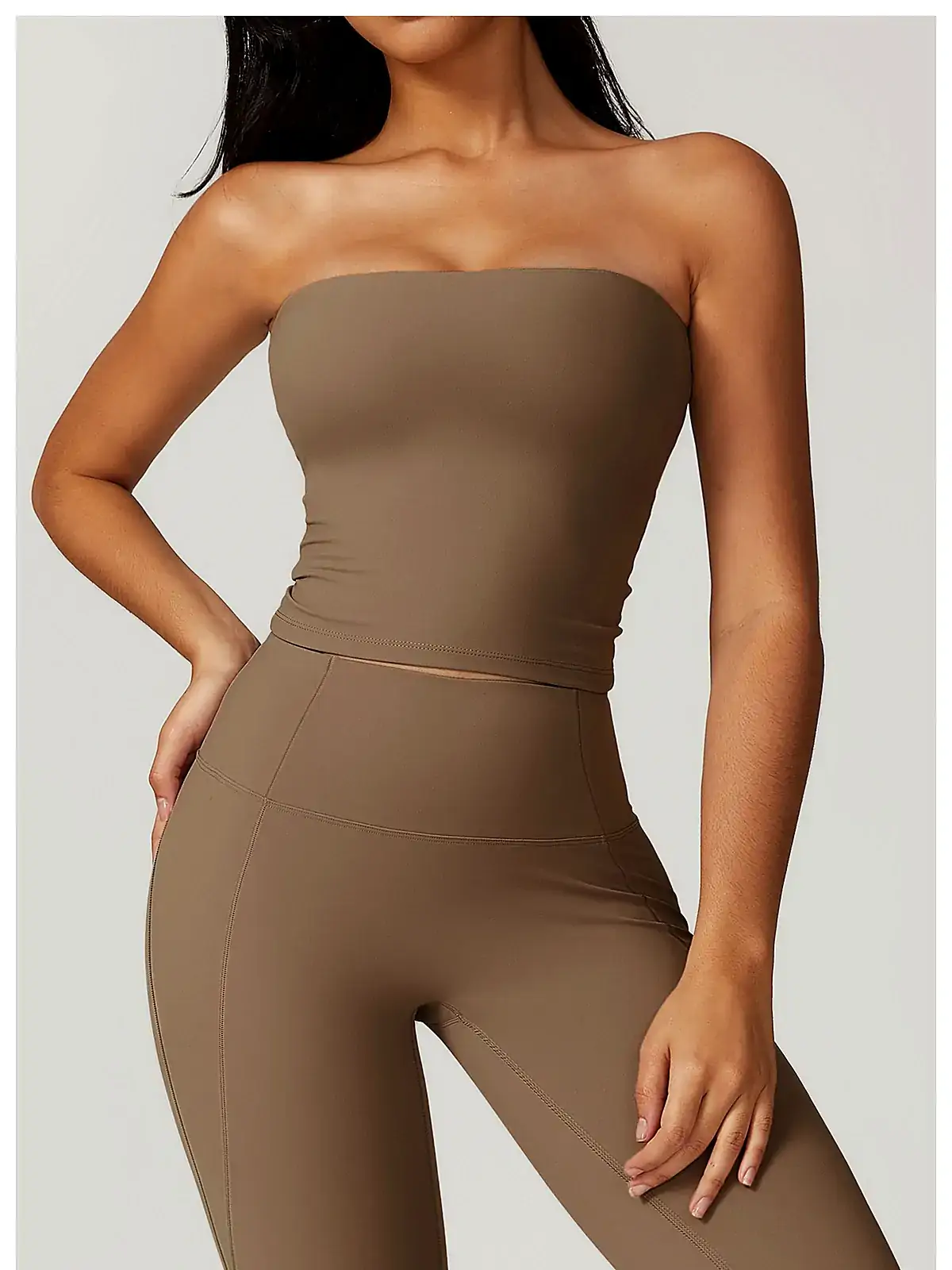 Strapless bandeau sports bra back seam construction