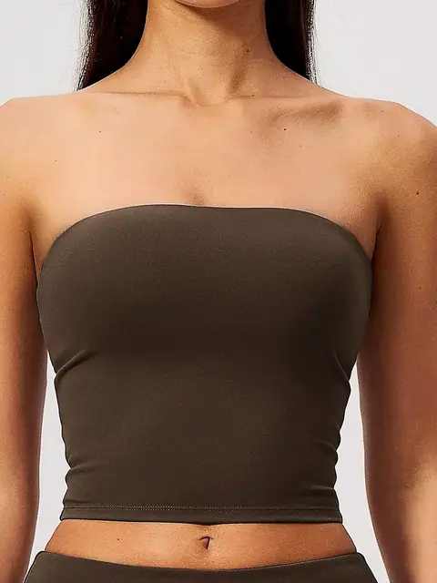 Strapless bandeau sports bra in mocha front view