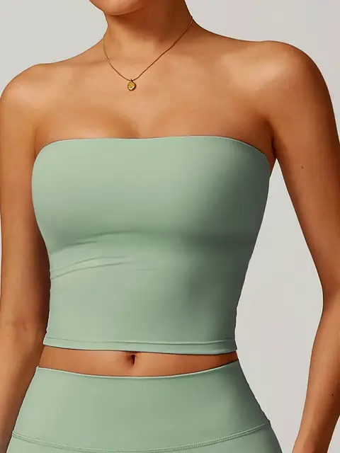 Strapless bandeau sports bra in oat apricot front view