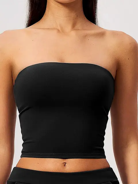 Strapless bandeau sports bra in taupe front view