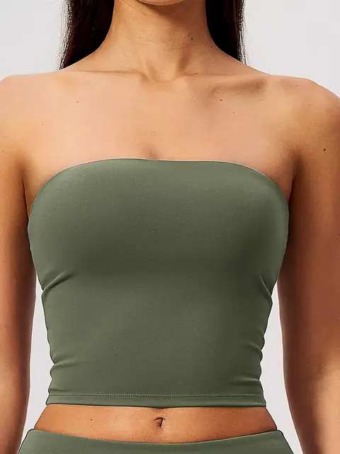 Strapless bandeau sports bra in tea brown front view