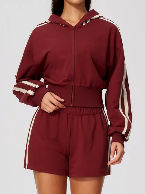 Contrast-Stripe Cropped Zip Hoodie Shorts Set in Burgundy — front view
