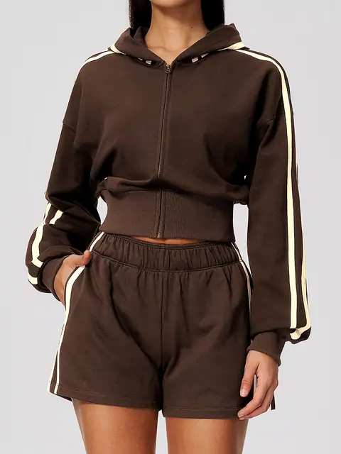 Contrast-Stripe Cropped Zip Hoodie Shorts Set in Dark Chocolate — front view