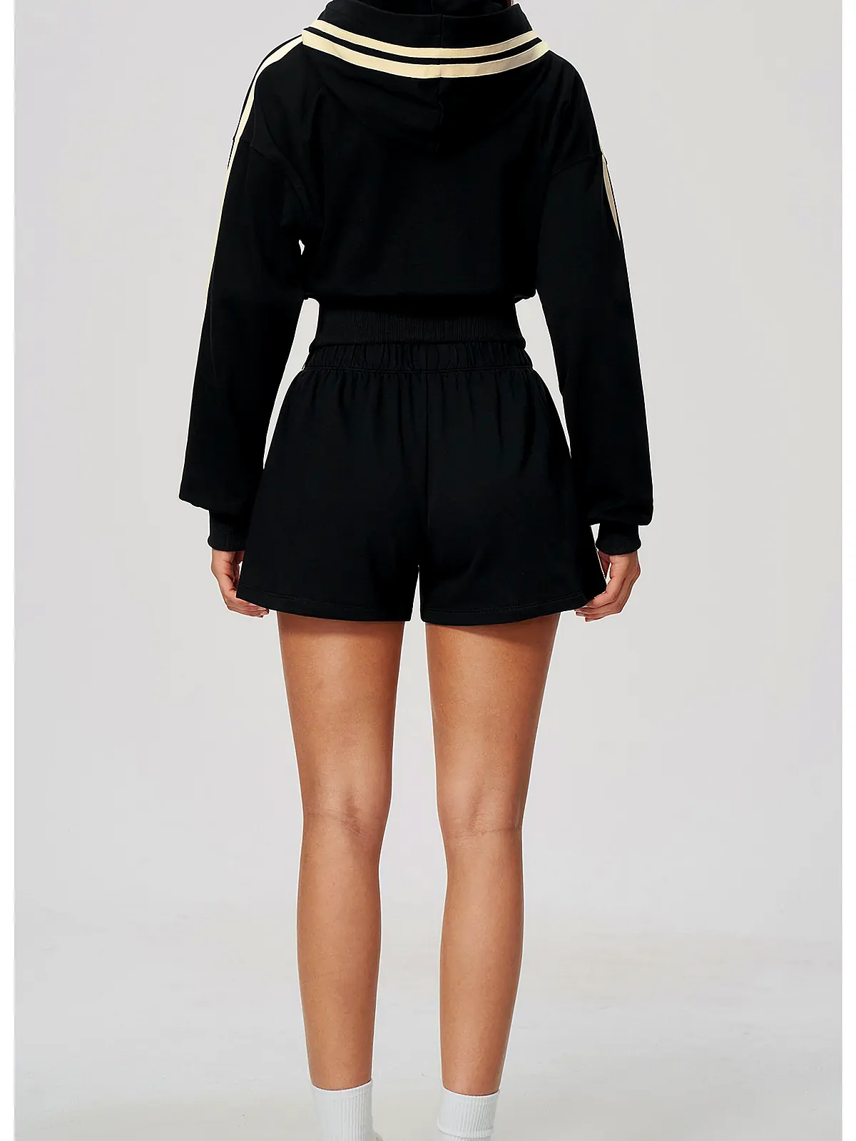 Contrast-Stripe Cropped Zip Hoodie Shorts Set — back seam construction