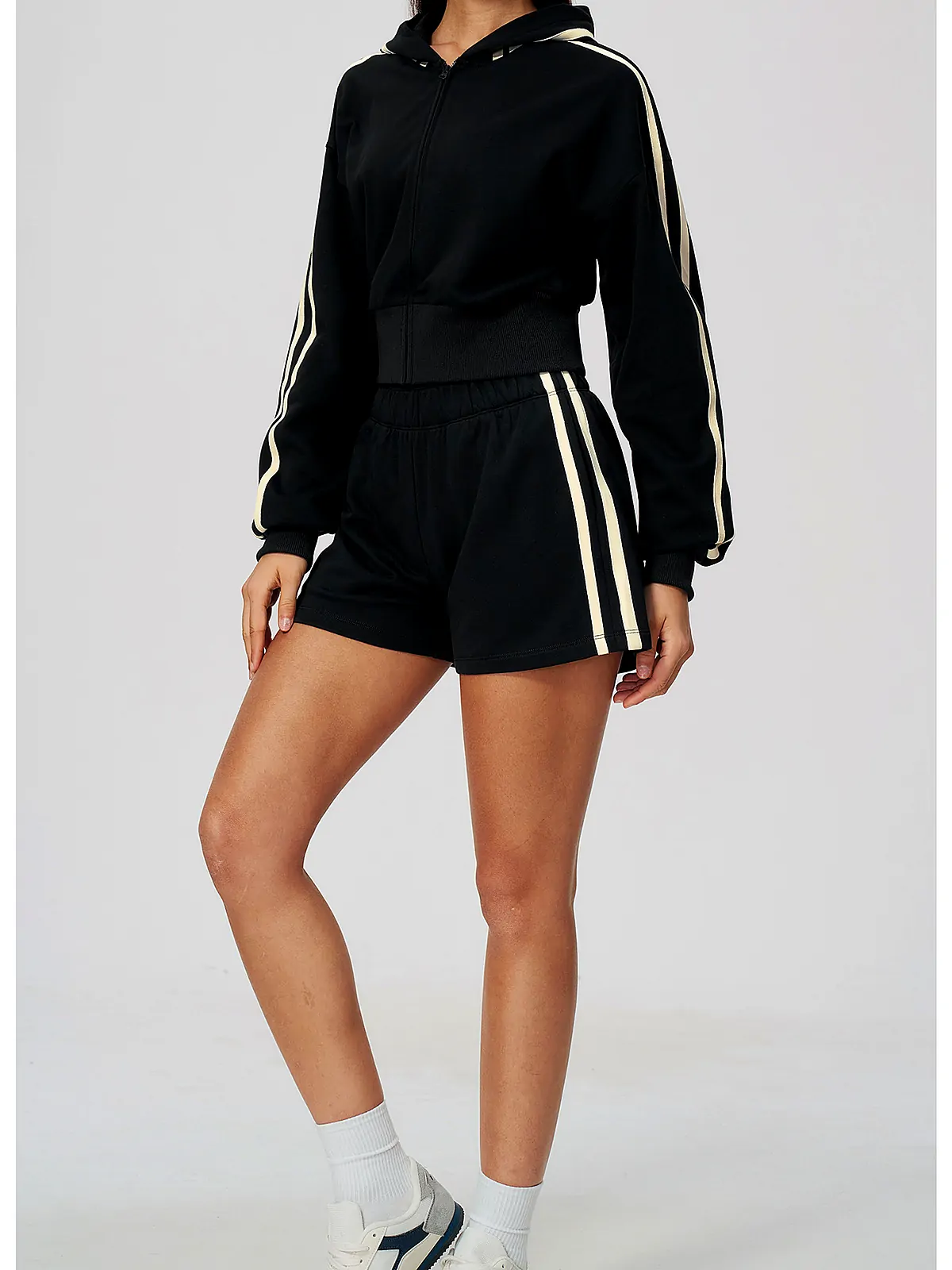 Contrast-Stripe Cropped Zip Hoodie Shorts Set — fabric close-up