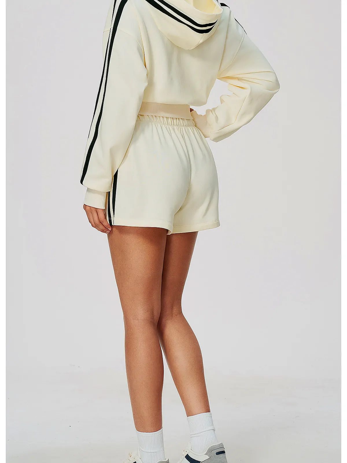 Contrast-Stripe Cropped Zip Hoodie Shorts Set — flatlock seam detail
