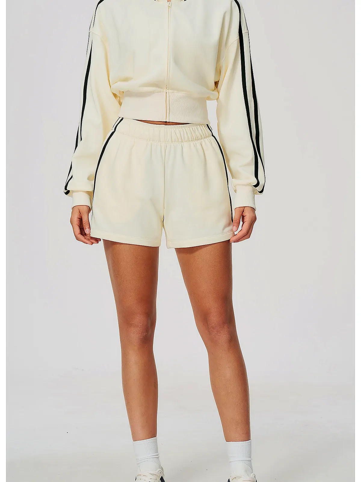 Contrast-Stripe Cropped Zip Hoodie Shorts Set — side panel detail