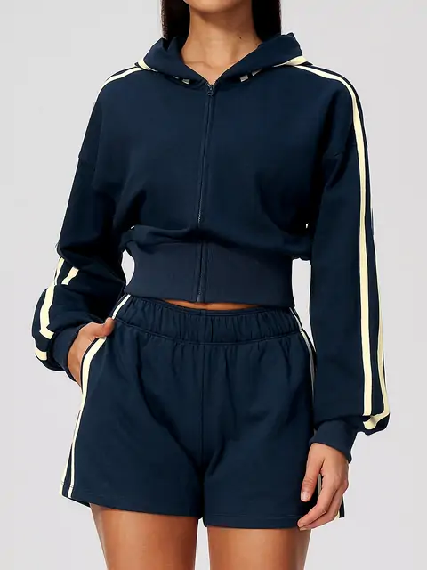 Contrast-Stripe Cropped Zip Hoodie Shorts Set in Midnight Blue — front view