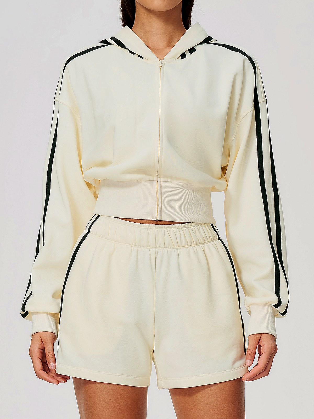 Contrast-Stripe Cropped Zip Hoodie Shorts Set