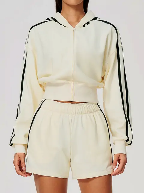 Contrast-Stripe Cropped Zip Hoodie Shorts Set in Oat Apricot — front view