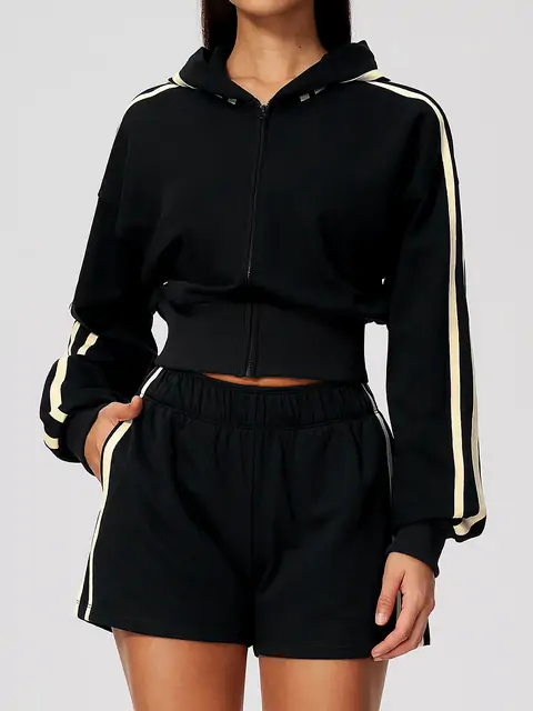 Contrast-Stripe Cropped Zip Hoodie Shorts Set in Premium Black — front view