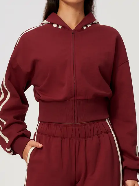 Contrast-Stripe Cropped Zip Hoodie in Burgundy — front view