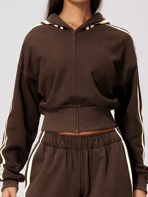 Contrast-Stripe Cropped Zip Hoodie in Dark Chocolate — front view