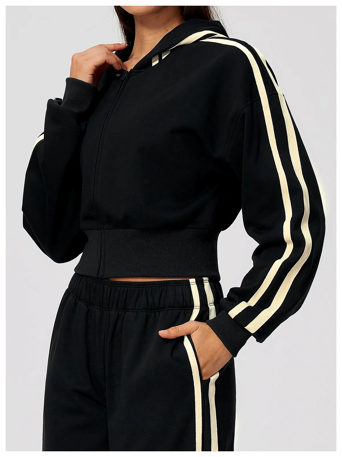 Contrast-Stripe Cropped Zip Hoodie — back seam construction
