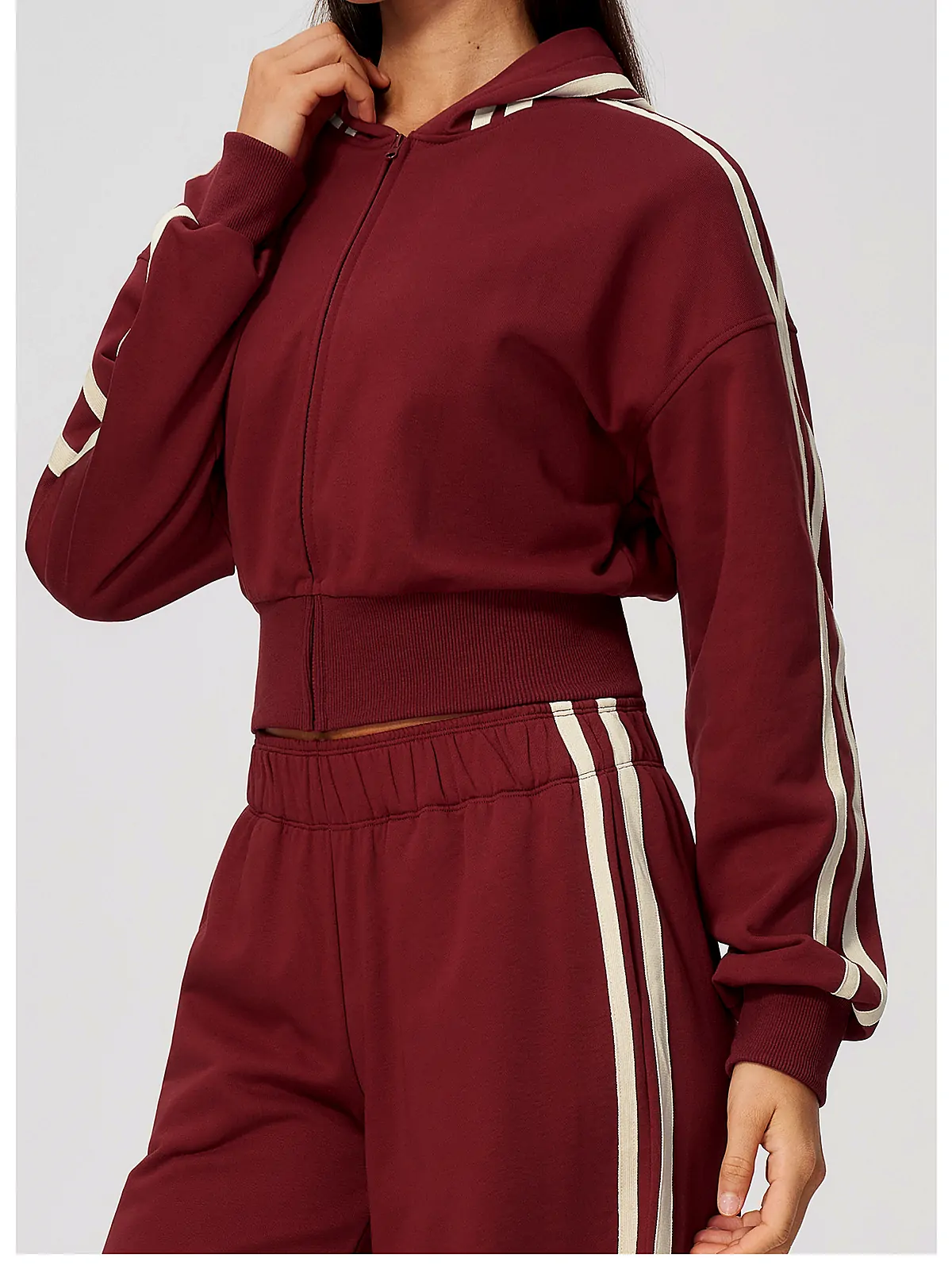Contrast-Stripe Cropped Zip Hoodie — flatlock seam detail