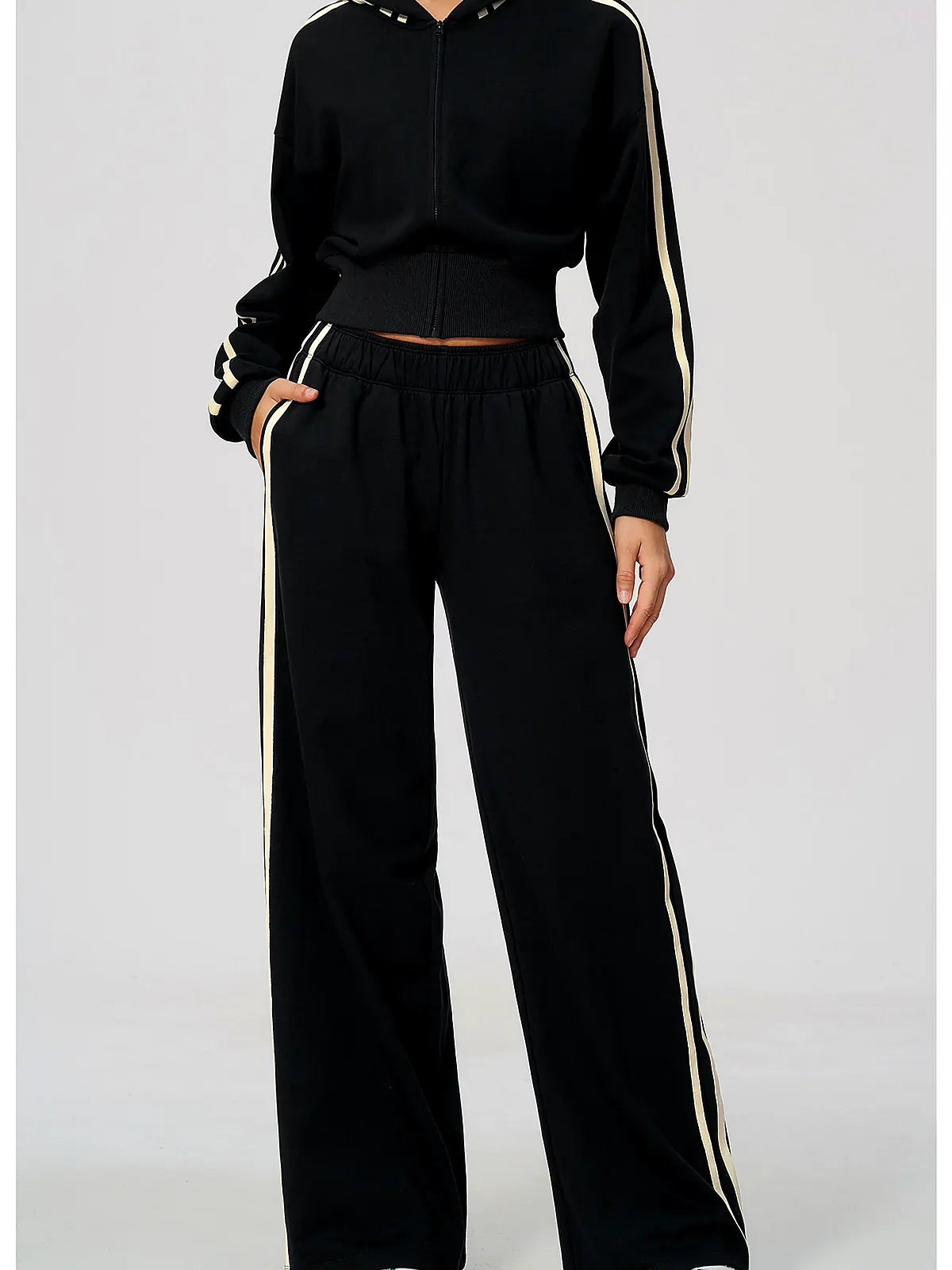 Contrast-Stripe Cropped Zip Hoodie — side panel detail